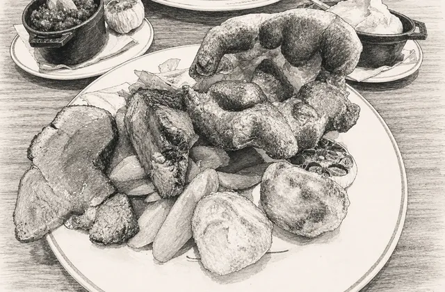 Generated pencil and charcoal illustration of roast beef, Yorkshire pudding, roast potatoes, carrots and cabbage at Hawksmoor.