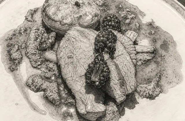 Generated pencil and charcoal illustration of sliced venison with blackberries, a round pastry, vegetables and sauce on a ceramic plate at Manifest.